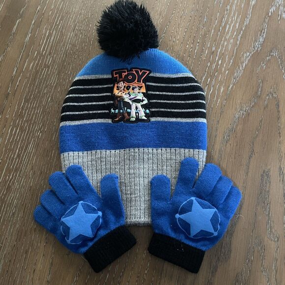 Disney Pixar Toy Story 4 Pom Pom Beanie Glove Set Kids One Size Hat Knit Stretch - Picture 1 of 7